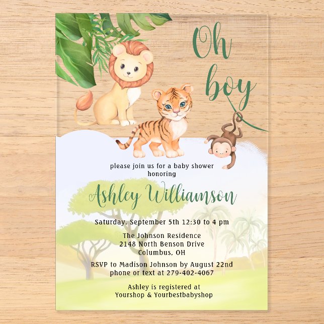 Jungle Safari Animals Oh Boy Baby Dusche Acryleinladungen (Vorderseite)