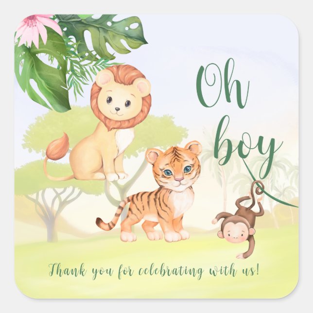 Jungle Safari Animals Oh Boy Baby Dusche Quadratischer Aufkleber (Vorderseite)