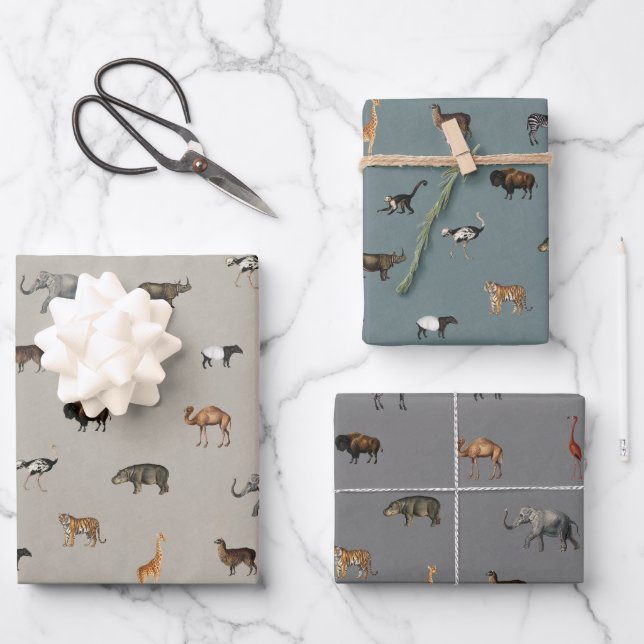Jungle Safari Animals Pattern Blue Beige Grey Geschenkpapier Set (Vorderseite)