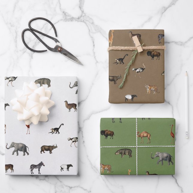 Jungle Safari Animals Pattern Green Brown Grey Geschenkpapier Set (Vorderseite)