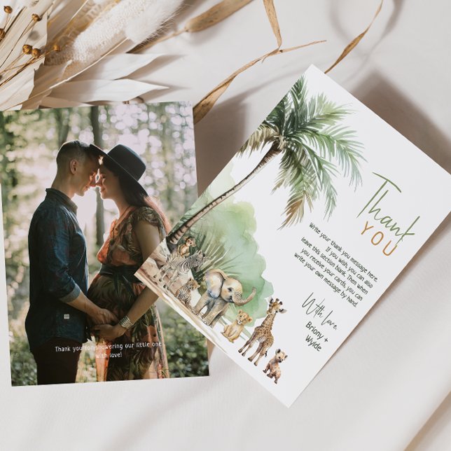 Jungle Safari Animals Vertical Baby Dusche Foto Dankeskarte (Von Creator hochgeladen)