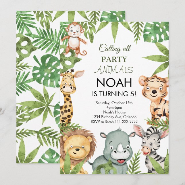 Jungle Safari Animaux Anniversaire Fête Invitation (Devant / Derrière)