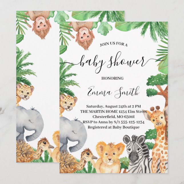 Jungle Safari Animaux Baby shower Invitation (Devant / Derrière)