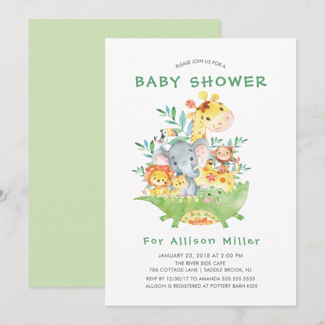 Jungle Safari Animaux Baby Shower Invitations (Devant / Derrière)