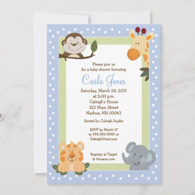 Jungle Safari Blue 5x7 Baby Shower Invitations (Devant)