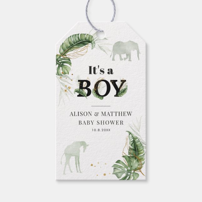 Jungle Safari Botanical Boy Baby Dusche Geschenkanhänger (Vorderseite)