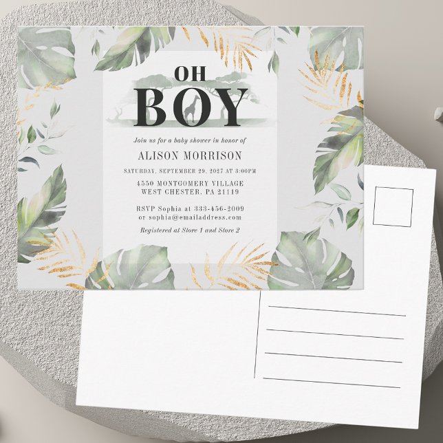 Jungle Safari Botanischer Junge Giraffe Babydusche Einladungspostkarte (Jungle Safari Botanical Boy Giraffe Baby Shower Invitation Postcard)