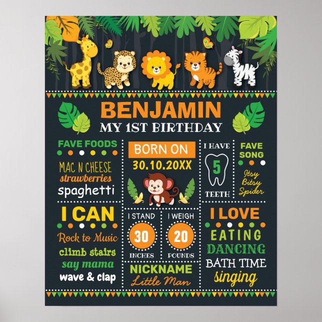 Jungle Safari Boy Birth Stats Birthday Milestone Poster (Vorne)