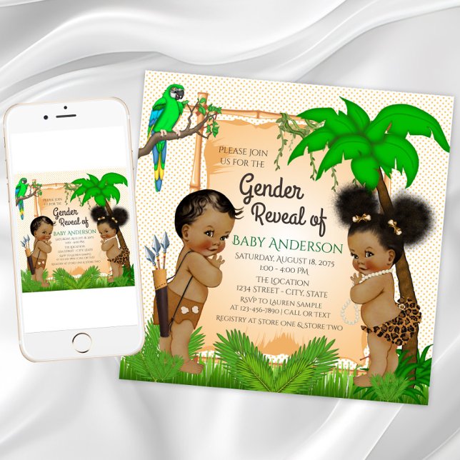 Jungle Safari Ethnic Gender Reveal Einladungen (Cute safari gender reveal invitation. Instant download and printed invitations available. )