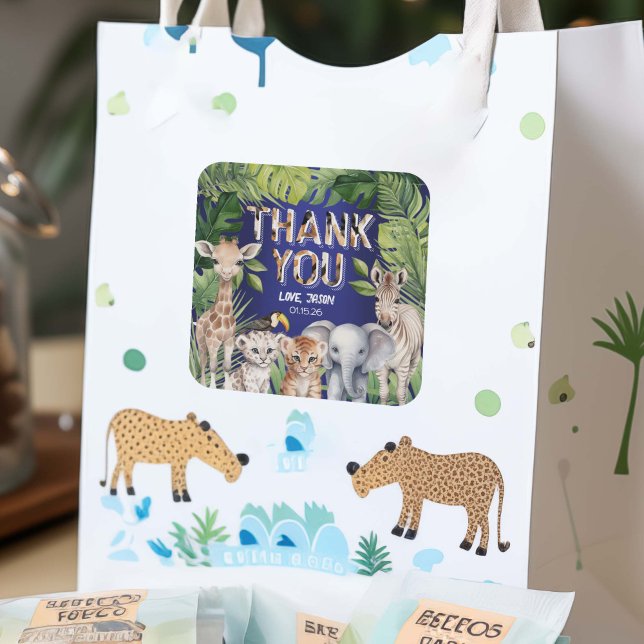 Jungle Safari Geburtstag der Tiere Danke Quadratischer Aufkleber (Navy Blue Wild one, Safari jungle animals themed birthday thank you stickers.)
