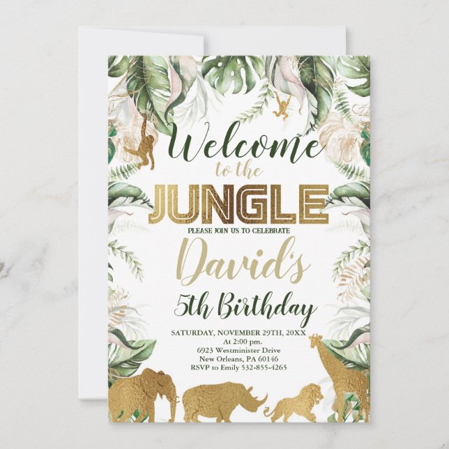 Jungle Safari Geburtstag, jedes Alter, Jungle Tier Einladung (Vorderseite)