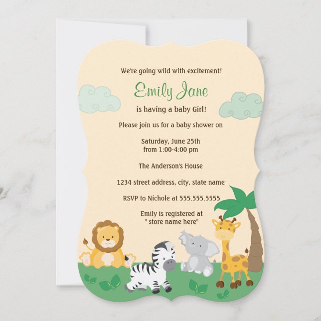 Jungle Safari Gender Neutral Baby Dusche einladen Einladung (Vorderseite)