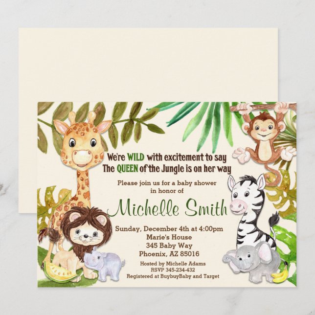 Jungle Safari Girl Queen of Jungle Baby Shower Einladung (Vorne/Hinten)