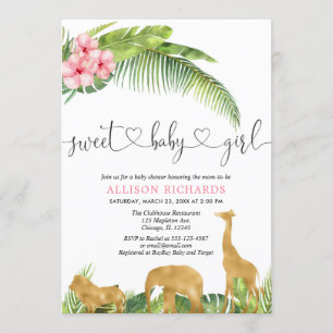 Jungle Safari Girl Rosa Hibiskus Palm Blätter Einladung