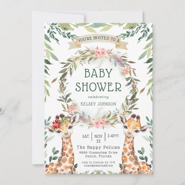 Jungle Safari Greenerenerie Giraffe Babydusche Einladung (Vorderseite)