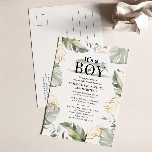 Jungle Safari Grüne Paare Babydusche Einladungspostkarte (Palm Leaves Boy Baby Shower Invitation Post Card)