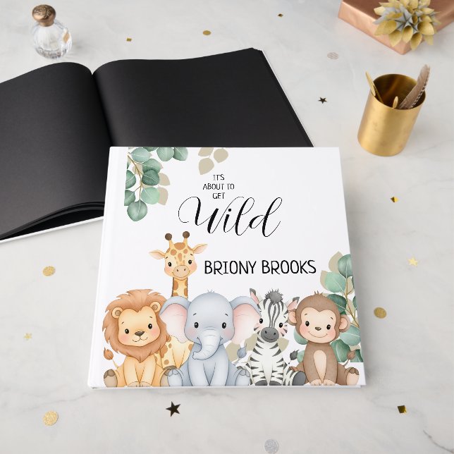 Jungle Safari "It's About To Get Wild" Baby Shower Gästebuch (Vorderseite offen)