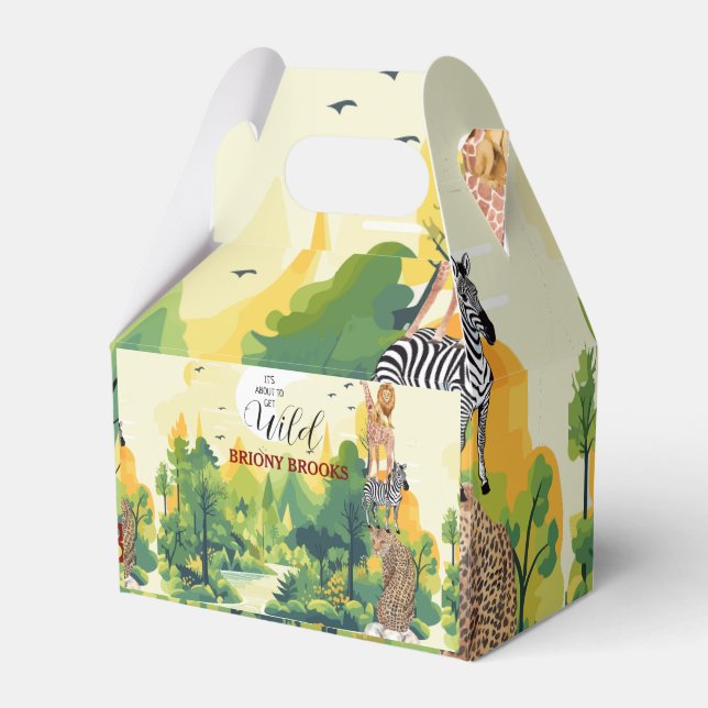 Jungle Safari "It's About To Get Wild" Baby Shower Geschenkschachtel (Vorderseite)