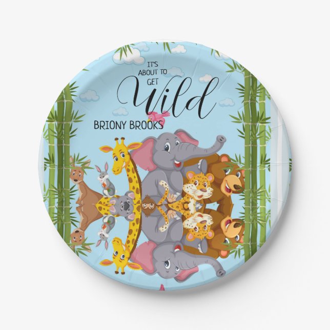 Jungle Safari "It's About To Get Wild" Baby Shower Pappteller (Vorderseite)