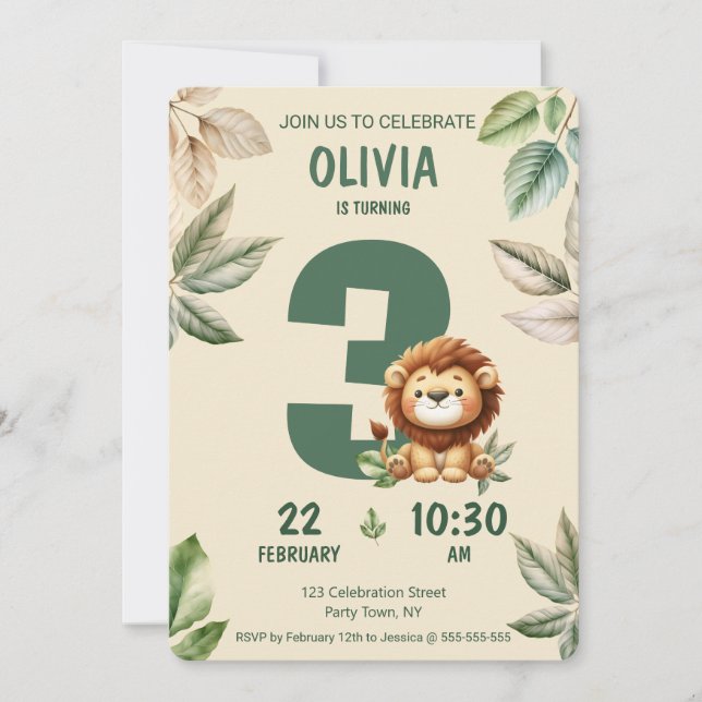 Jungle Safari Lion et Feuille Invitation d'anniver (Devant)