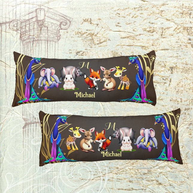Jungle Safari Peacock Elephant Hare Rhino Monogram Seitenschläferkissen (Jungle Safari Peacock Elephant Hare Rhino Monogram Body Pillow)