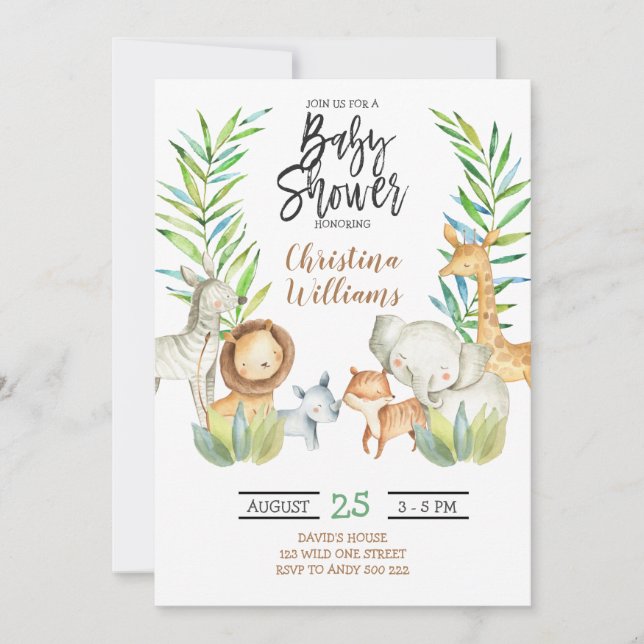 Jungle Safari Tiere Gender Neutral Baby Dusche Einladung (Vorderseite)