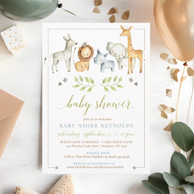 Jungle Safari Tiere Kinderdusche Einladung (Cute simple watercolor wild jungle safari zoo animals welcome baby boy shower invitation QR code)