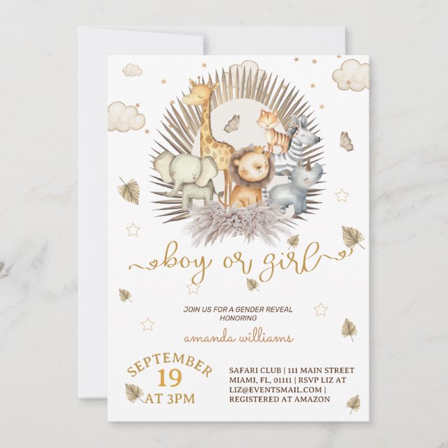 Jungle Safari Tiergendermittlung Einladung (Vorderseite)