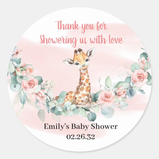 Jungle Safari Tiergiraffe Girl Babydusche Runder Aufkleber (Vorderseite)