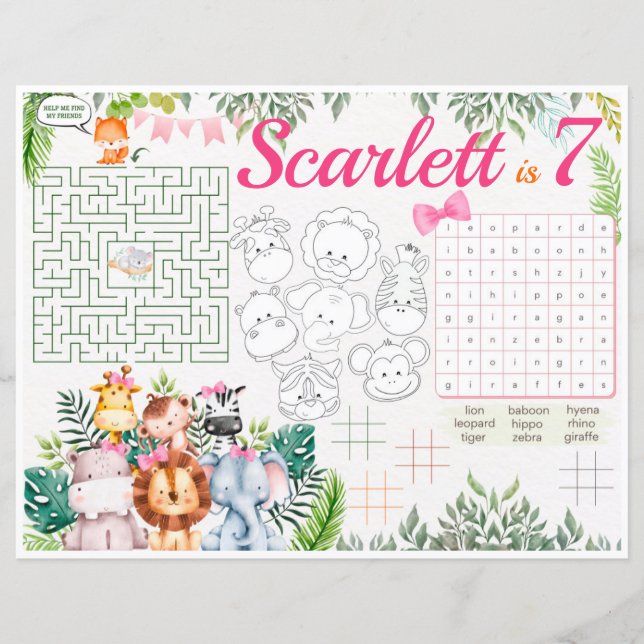 Jungle Safari Tischsets, Safari-Aktivitätsblatt (Vorderseite)