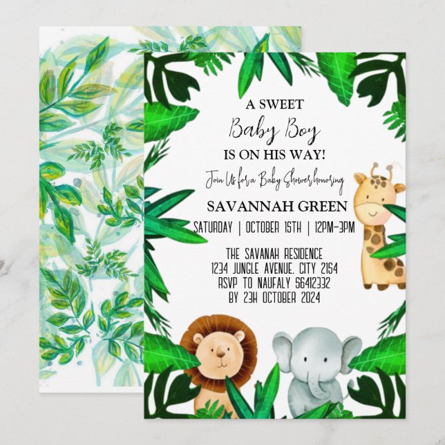 Jungle Safari Tropical Animal Wild Boy Baby Dusche Einladung (Vorne/Hinten)