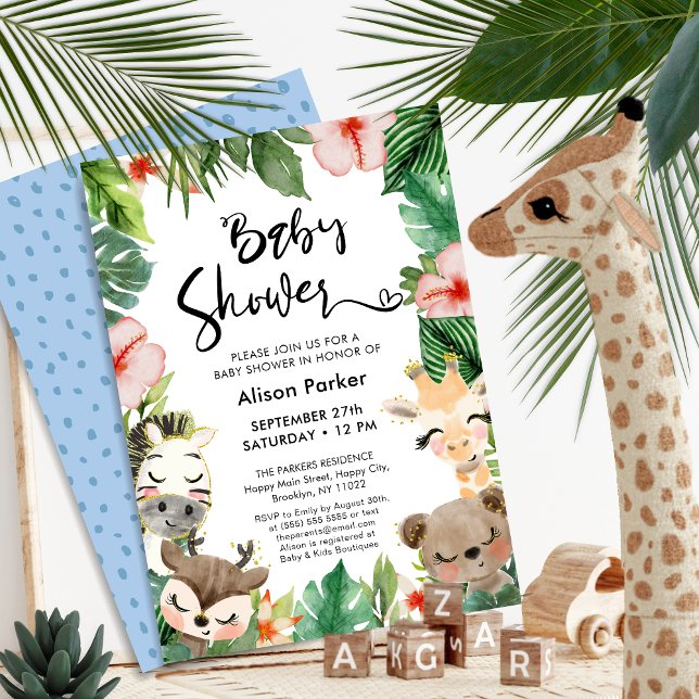 Jungle Safari Tropical Floral Greenery Baby Dusche Einladung (Von Creator hochgeladen)