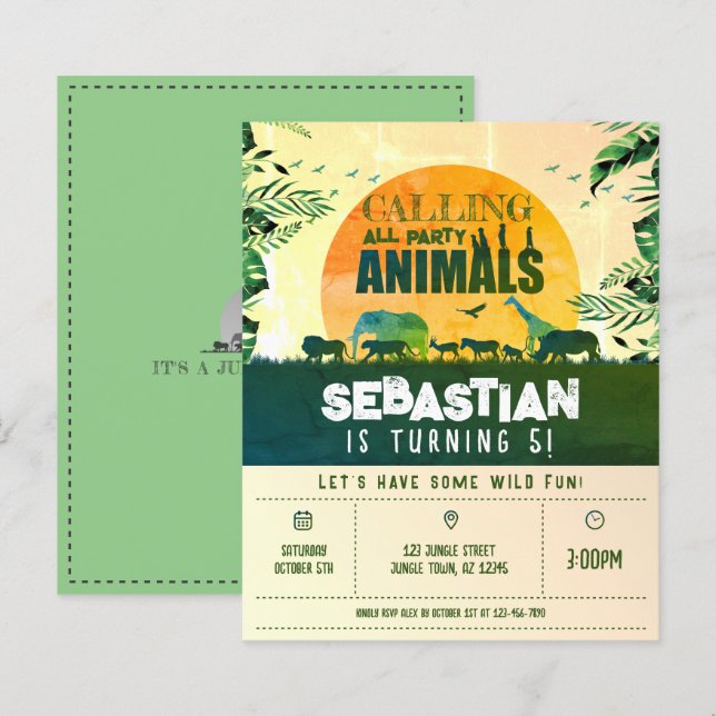 Jungle Safari Wild Animal Cheap Birthday Einladung (Vorne/Hinten)
