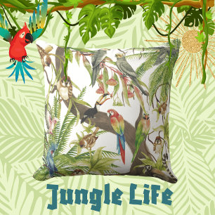 Jungle Scene Tropical Birds, Critters, Foliates Kissen