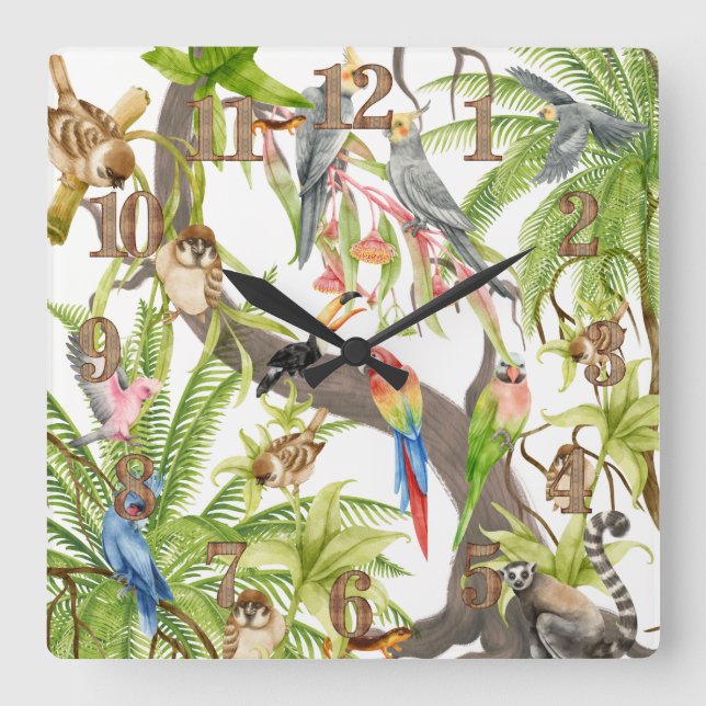 Jungle Scene Tropical Birds, Critters, Foliates Quadratische Wanduhr (Vorderseite)