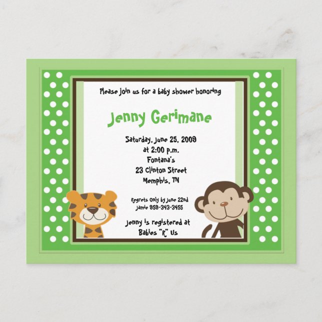 Jungle Tales Safari Green Baby Dusche Einladung (Vorderseite)
