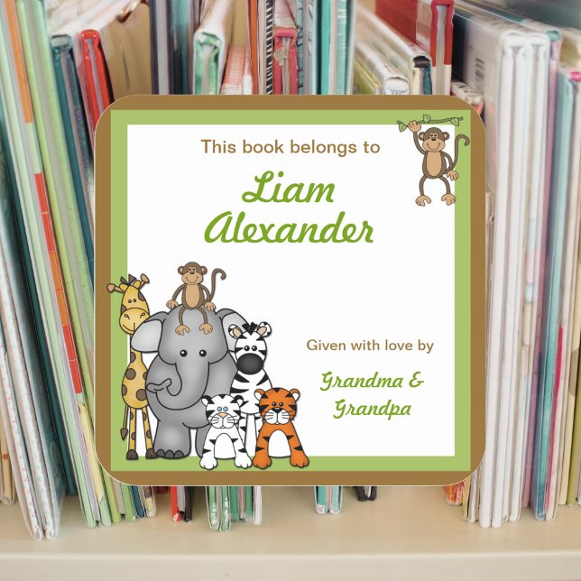 Jungle Tiere buchen Teller Grünes BUCHZEICHEN Quadratischer Aufkleber (Von Creator hochgeladen)