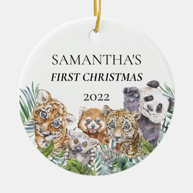 Jungle Tiere Niedlich First Christmas Monogram Keramik Ornament (Vorne)