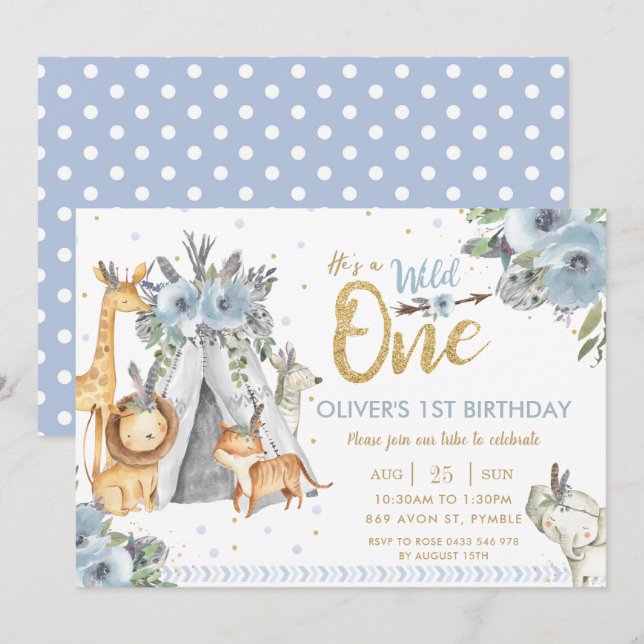 Jungle Tiere Tribal Blue Wild 1. Geburtstag Einladung (Vorne/Hinten)
