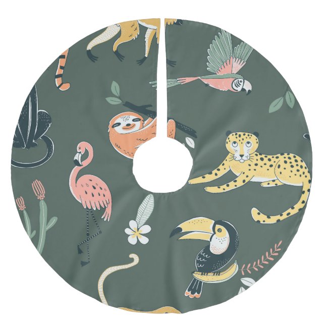 Jungle Tiere Vintag Flora Fauna Polyester Weihnachtsbaumdecke (Vorderseite)