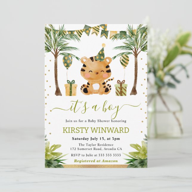 Jungle Tiger Baby Boy Dusche Einladung (Stehend Vorderseite)