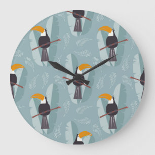Jungle Toucan, nahtlos blauer Hintergrund. Große Wanduhr