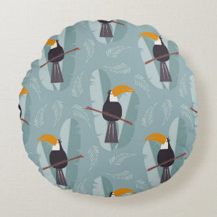 Jungle Toucan, nahtlos blauer Hintergrund. Rundes Kissen