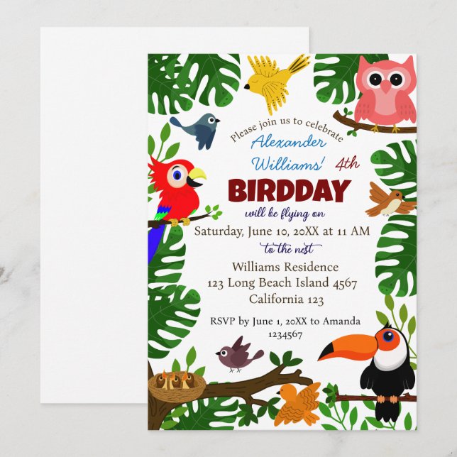Jungle Tropical Summer Kids Bird Birthday Einladung (Vorne/Hinten)