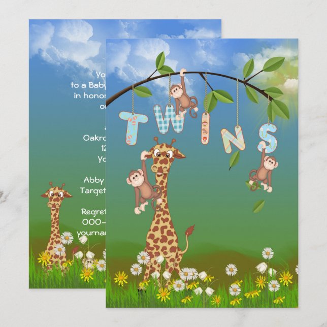 Jungle Twin Baby Shower Einladung (Vorne/Hinten)