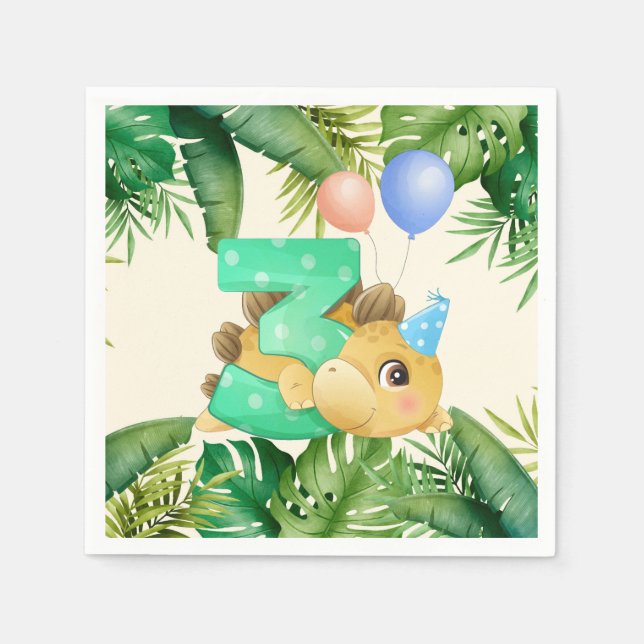 Jungle Verlasse Niedlich Dinosaurier 3. Geburtstag Serviette (Vorderseite)