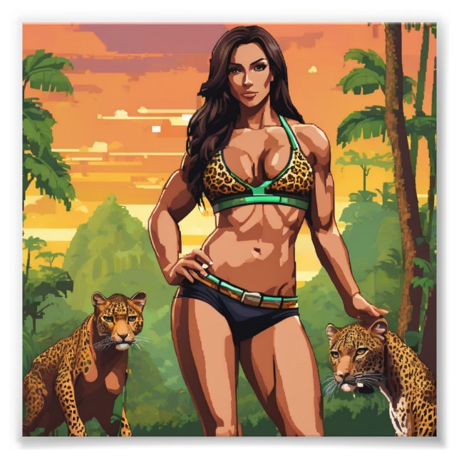 Jungle Weibliche Muskel Babe mit Leoparden Fotodruck (Vorne)