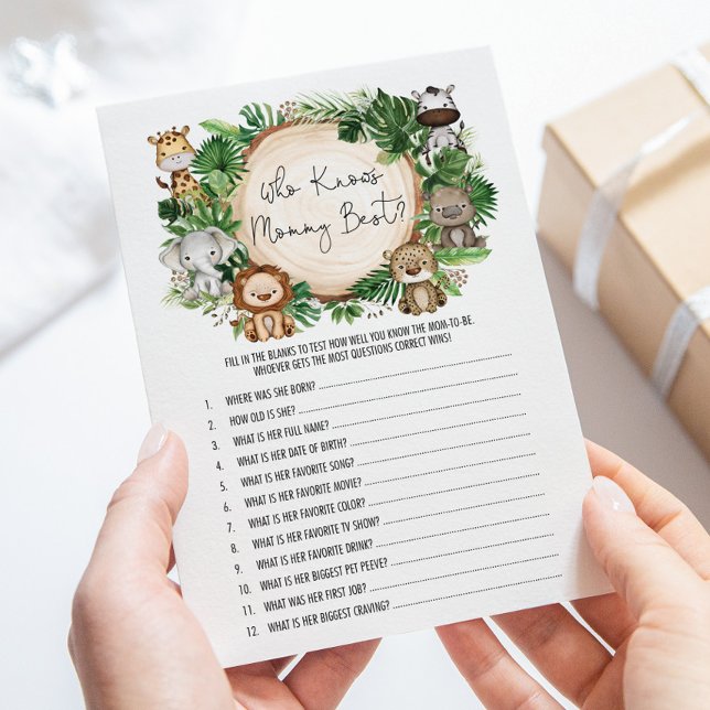 Jungle Wer Mama Best Baby Shower Game Card kennt Einladung (Von Creator hochgeladen)