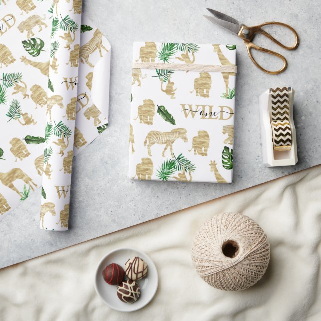 Jungle Wild Animal Muster Elegante Gold Green Geschenkpapier (Kunsthandwerk)