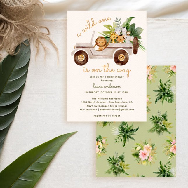 Jungle Wild One Animal Safari Baby Dusche Einladung (Safari baby shower invitation with watercolor animals in 4x4 car and tropical flowers)